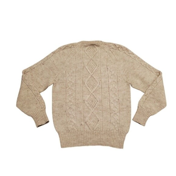 VTG Glen Carron Men XS Cable Knit Sweater Beige C-Neck 100% Wool Tonga - Picture 2 of 5